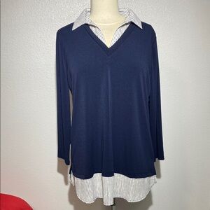 Adrianna Papell Navy Blue V-Neck Layered Women's Top
